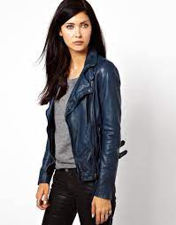 Muubaa Reval Lambs Leather Jacket With Buckle Detail By Neck And Hem Blue Leather Jacket Outfit Blue Leather Jacket Leather Jacket Outfits