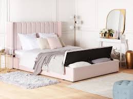 Buy the sole secret button tufted ottoman with shoe storage, bedroom bench with shoe storage slots, 20h x 54l x 18d, sachi upholstery: Velvet Eu Super King Size Bed With Storage Bench Pastel Pink Noyers Beliani Co Uk