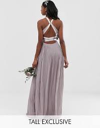 Tfnc Tall Pleated Maxi Bridesmaid Dress With Cross Back And Bow Detail In Gray Maxi Dress Prom Bridesmaid Dresses Lace Bridesmaid Dresses