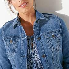 Poches avant plaquées à rabat et poches passepoilées. Veste Brodee En Jean Blancheporte