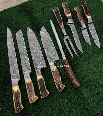 Damascus Steel Culinary Chef Knife Set With Stag Horn Handle In 2020 Chef Knife Set Chef Knife Handmade Chef Knife