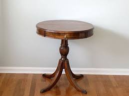 Large Antique Colonial Revival Mahogany Finish Round Drum Side Table Brass Lion Hardware Drawer Pull Claw Paw Foote Drum Side Table Brass Side Table Side Table