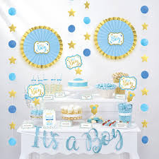 1 banner, 10 pieces cutout hanging decorations in various sizes and beautiful designs and 10 pieces swirl decorations that you. It S A Boy Baby Shower Treat Table Decorating Kit 23pc Party City