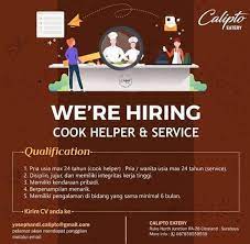 Lowongan driver untuk langsung penempatan dalam minggu ini di butuhkan untuk sim a/b1/b2 aktif untuk pengiriman barang dan dokumen wilayah jabo. Lowongan Kerja Cook Helper Dan Staff Service Di Calipto Eatery Atmago