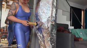 Aluminum Foil Duct Tape Mummification, Rubber Mask and Pink Zentai Suit  Rubber Dick Blowjob!