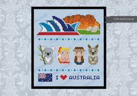 This counted cross stitch pattern showing an australian scene with australian animals was created from an antique print. Australia Icons Big Version Mini People Around The World Digital Cross Stitch Pattern