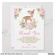 Girly Woodland Deer Baby Shower Birthday Thank You Card Zazzle Com Birthday Thank You Cards Woodland Deer Baby Shower Baby Shower Thank You Cards