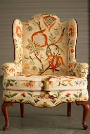 Original Vintage Queen Anne Style Wing Chair With Crewel Embroidery And Contrasting Outer Velvet Queen Anne Chair Chair Upholstered Furniture