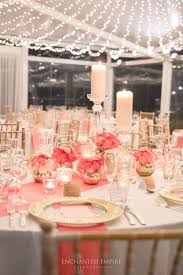 We carefully chose beautiful soft pastel tones. This Beautiful Coral And Gold Wedding Under A Canopy Of Fairy Lights Tables Set With Gold Coral Wedding Decorations Coral Wedding Themes Coral Wedding Colors