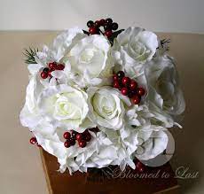 Christmas Winter White Premium Silk Rose And Red Holly Berry Wedding Bouquet Boutonn Winter Wedding Flowers Flower Bouquet Wedding Winter Wonderland Wedding