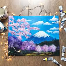 Mt Fuji Mountfuji Fuji Japan Mountain Painting Acrylic Acrylicpainting Art Cherrybloss Mountain Painting Acrylic Masterpieces Painting Japan Painting