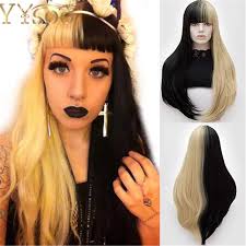 Black hairstyles with blonde highlightsdark blonde hair stylesblack hair color hairstyleslong black hair highlight ideasblack hair highlightshair highlight. Yysoo Long Straight Synthetic Cosplay Wig Half Black Half Blonde Wigs With Bangs High Temperature Heat Resistant Fiber Hair Wig Synthetic None Lace Wigs Aliexpress