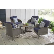 Hampton Bay Grayson Ash Gray 5 Piece Wicker Patio Conversation Set With Midnight Blue Cushions Fm 18068 G The Home Depot Conversation Set Patio Patio Furniture Makeover Backyard Patio Furniture