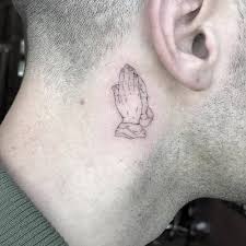 Bird Tattoo Behind Ear For Guys Single Needle Praying Hands Behind The Right Ear Small Tattoos Single Needle Tattoo Tattoos