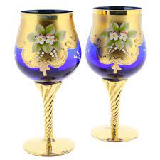 Vintage murano signed hand blown italian clear crystal wine glass set of 5. Glassofvenice Set Of Two Murano Glass Wine Glasses 24k Gold Leaf Blue 753677709157 Ebay