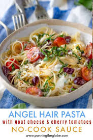 Cook the angel hair pasta in a pot of salted, boiling water according to the package instructions. Angel Hair Pasta With Goat Cheese And Cherry Tomatoes No Cook Sauce
