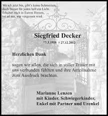 Bis heute , seit apr. Traueranzeigen Von Siegfried Decker Aachen Gedenkt