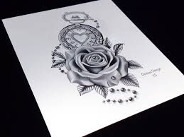Gorgeous clock heart tattoo on thigh. Tattoo Design And Stencil Clock And Rose Tattoo Design Etsy
