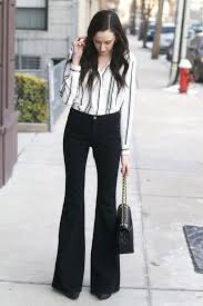 Black And White Striped Flare Pants Outfit Black And White Flare Jeans Outfit Flare Jeans Black Shirt Dress