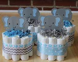 Mini 2 Tier Elephant Diaper Cake Blue Gray Elephant Baby Shower Boy Baby Shower Baby Shower Centerpieces Elephant Baby Shower Boy Elephant Baby Shower Theme