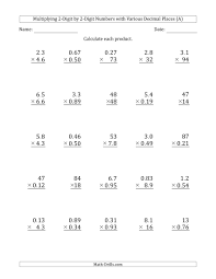 5th grade multiplying decimals worksheets, including multiplying decimals by decimals, multiplying multiplication of decimals. Multiplying 2 Digit By 2 Digit Numbers With Various Decimal Places A