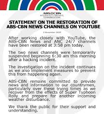 Interest successfully added we'll notify you here with news about alerttag turn on desktop notifications for breaking stories about interest? Statement On The Restoration Of Abs Cbn News Channels On Youtube