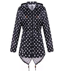 Womens Waterproof Raincoat Outdoor Hooded Rain Jacket Windbreaker Black And White Polka Dot C2128ofl4tp Size Small