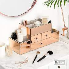 Beautify Rose Gold Mirrored Glass Jewellery Box Makeup Organiser With 3 Drawers 9 Storage Sections Velvet L Rose Gold Bedroom Rose Gold Rooms Gold Bedroom