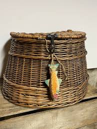 It stands about 8 ½ tall x 13 wide at the bottom and 10 wide at the top x 5 ½ front to back. Vintage Creels Fly Fishing Basket Wicker Fish Basket Green And Leather Straps Wooden Fish Decor Fly Fishing Basket Antique Fish Farm Wooden Fish Decor Fishing Basket Wooden Fish