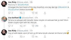 Pelakon dan pengacara lisa surihani telah membuat pengakuan di akaun sosial twitternya pada malam khamis mengenai hubungannya dengan aktor drama 'sweet dreams', ben amir. Ben Amir Tu Memang Adik Saya Tak Tahu Ke