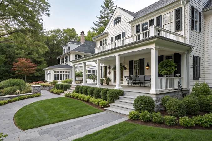 Front porch renovation with clean driveway and freshly washed siding