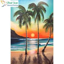 Clean your brush in between the color changes in the water cup and dab it dry on the paper towel. Diy Diamond Painting Coconut Tree Sunset Nature Paintings Easy Nature Paintings Scenery Paintings