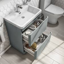 12 months 0% finance available. 600mm Light Grey Freestanding Vanity Unit With Basin Portland Better Bathrooms