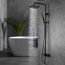 Modern Exposed Rainfall Thermostatic Shower System With Hand Shower Waterfall Tub Spout In Matte Black In 2020 Shower Systems Waterfall Shower Shower Heads