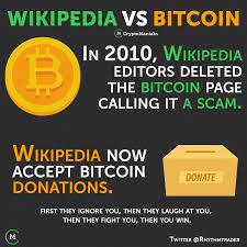 Bitcoin Vs Wikipedia First They Ignore You Then They Laugh At You Then They Fight You Then You Win Laugh At Yourself Bitcoin Bitcoin Cryptocurrency