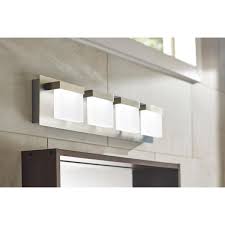 Home Decorators Collection Alberson Collection 4 Light Brushed Nickel Led Vanity Light With Frosted Acrylic Shade 28025 Hbu The Home Depot