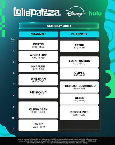 Watch your favorite artists on Disney+ & Hulu this weekend! Disney+ and Hulu  are the official streaming destinations of Lollapalooza 2026. From July 30  to August 2, Disney+ and Hulu subscribers can