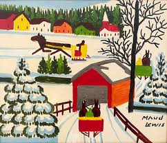[ID: a photo of Maud Lewis' painting, Winter Sleighing Scene with a Covered Bridge.]