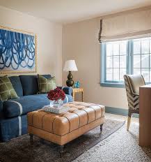 Decorate with the blue sofa as an accent. Blue Sofa With Green Pillows Transitional Living Room