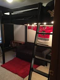 Space Saving Stora Loft From Ikea And Couch That Folds Into A Bed This Hockey Bedroom Is Only 10x10 But The Loft Makes Loft Bed Loft Bed Plans Hockey Bedroom
