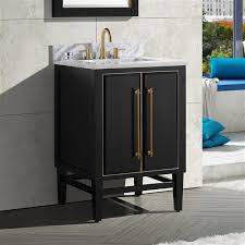 A brushed gold faucet is mounted to a frameless vanity mirror about a sink fitted to a marble bath vanity. Avanity Mason 24 In Vanity Black With Gold Trim Lowe S Canada