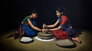 Home Shashikant Dhotre In all his paintings he uses a dark background and his subjects are clothed in vibrant colours.