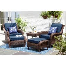 Hampton Bay Cambridge Brown 5 Piece Wicker Patio Conversation Set With Blue Cushions 65 17148b 5 The Home Depot Small Patio Furniture Outdoor Bistro Set Wicker Patio Furniture
