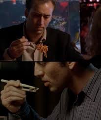 In Leaving Las Vegas (1995), Nicolas Cage's character Ben doesn't eat a  single thing during the whole film, since chronic alcoholics often  can't/won't eat. In the restaurant, he puts spaghetti on his