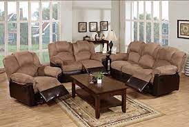 3pc Modern Saddle Plush Microfiber Fabric And Brown Faux Leather Motion Sofa Set With Recliner Living Room Recliner Living Room Sets Living Room Sets Furniture