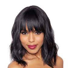 The tips of the bangs are gently curved to copy the lines of the oval of the face, thus creating an attractive frame around the visage. Buy Elegant Off Black Wig With Bangs Bob Short Curly Wigs For Women Charming Natural Wavy Wigs For Black Women Bangs Wigs Hair Wig Extensions Off Black 14inch Online In Greece B07sdmd4y3