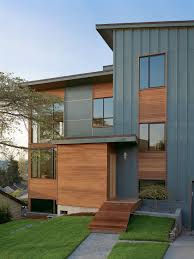 If your siding is stained, you probably want the water table to be natural wood too. Board And Batten Wood Siding For Natural Exterior Ideas Modern Entry Board Batten Wood Siding Combi Wood Siding Exterior Exterior House Colors Modern Exterior