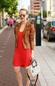 98b214430990105d081078b8392fa547 Jpg 640 1004 Wear Red Dress Orange Dress Outfits Brown Leather Jacket Outfit