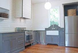 Grey cabinet with white countertop bathrooms with shiplap backsplash. Gray Lower Kitchen Cabinets With White Shiplap Backsplash Transitional Kitchen Kitchen Hood Design Shiplap Kitchen Kitchen Feature Wall