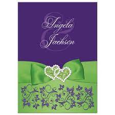 Lime Green White Purple Floral Wedding Invitation Printed Ribbon Jewels Glitter Double Hearts Purple Wedding Invitations Green Wedding Invitations Purple And Green Wedding